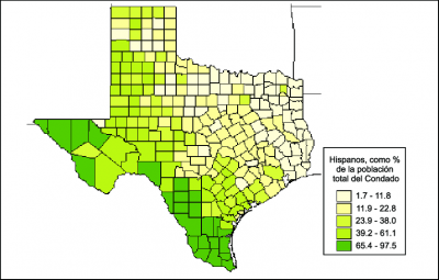 Hispanos en Texas Porcentaje de la población por condado.png