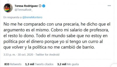 Teresa Rodríguez a Irene Montero la política no me cambió de barrio.JPG