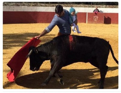 Escándalo mundial foto padre con un bebé torea una becerra.jpg