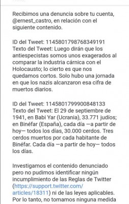 Ernesto Castro judíos cerdos holocausto animalismo especismo twitter respuesta tuiter.JPG